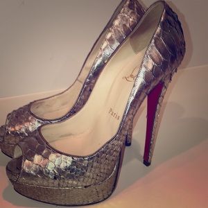 Metallic Silver Python Lady Peep Toe Platforms